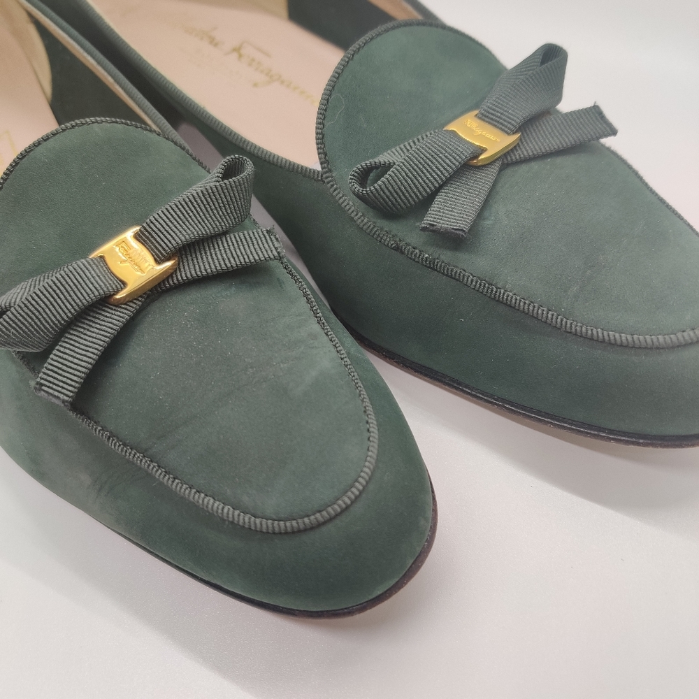 Salvatore Ferragamo Green Suede Gold Bow Loafer